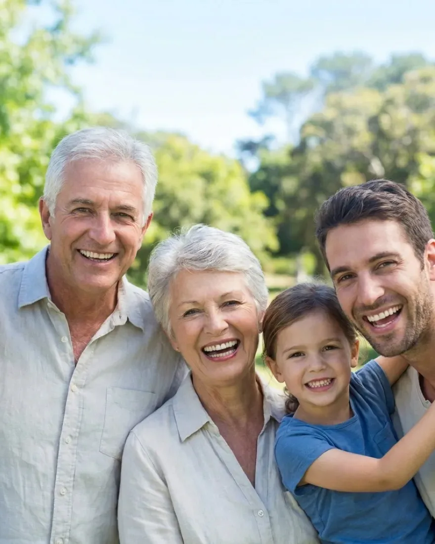 Three generations of a family smiling together outdoors — Dundee Dental welcomes new patients of every age in Dundee, MI