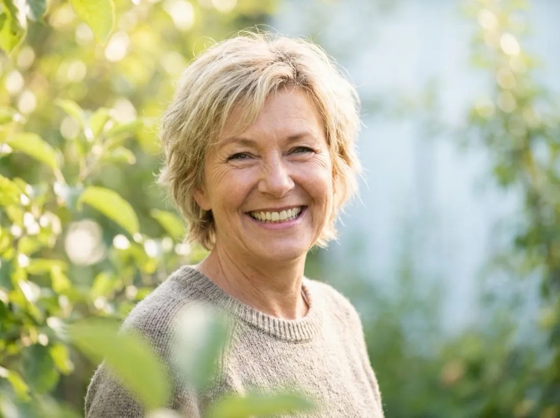 Susan, a Dundee Dental implant patient, smiling outdoors