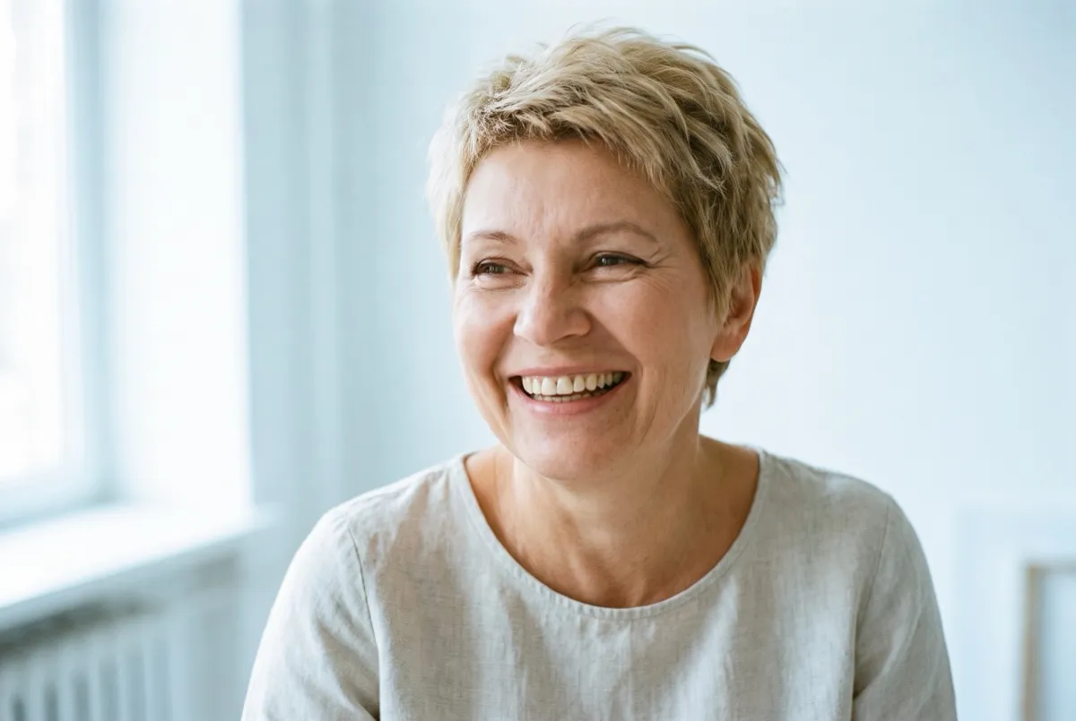 Linda, a Dundee Dental implant patient, smiling warmly