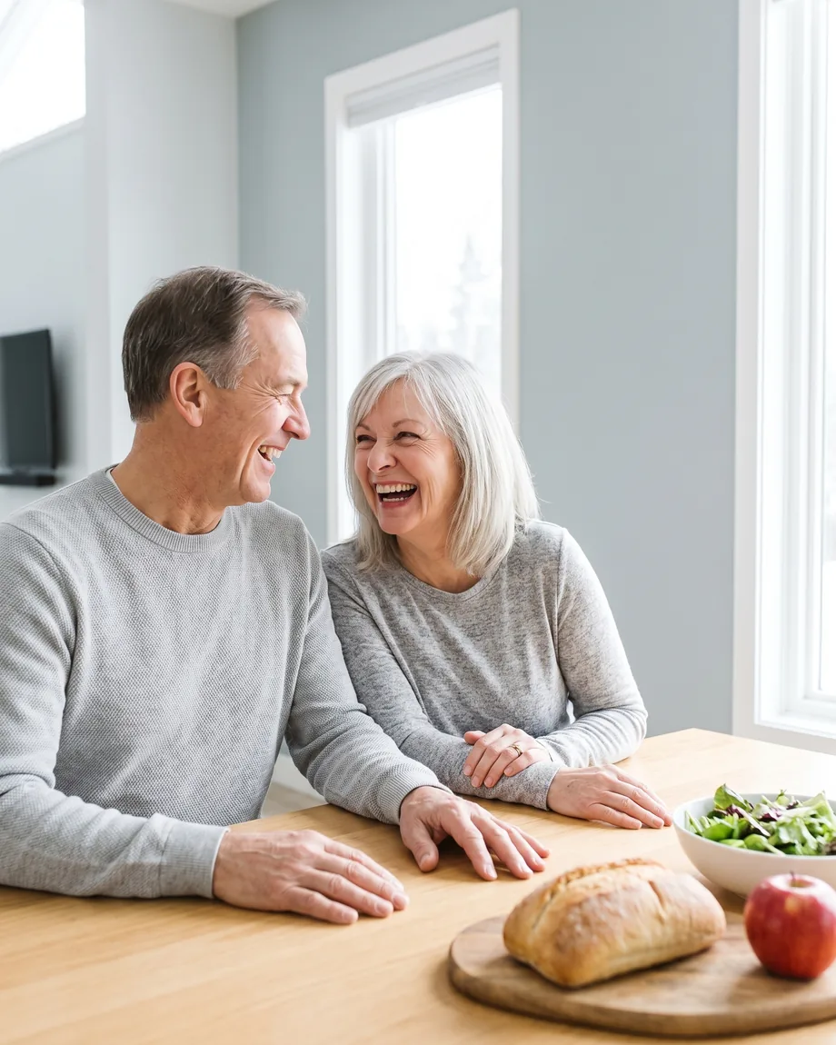 Dentures & Partials in Dundee, MI. A couple laughing together over lunch at a sunlit kitchen table.