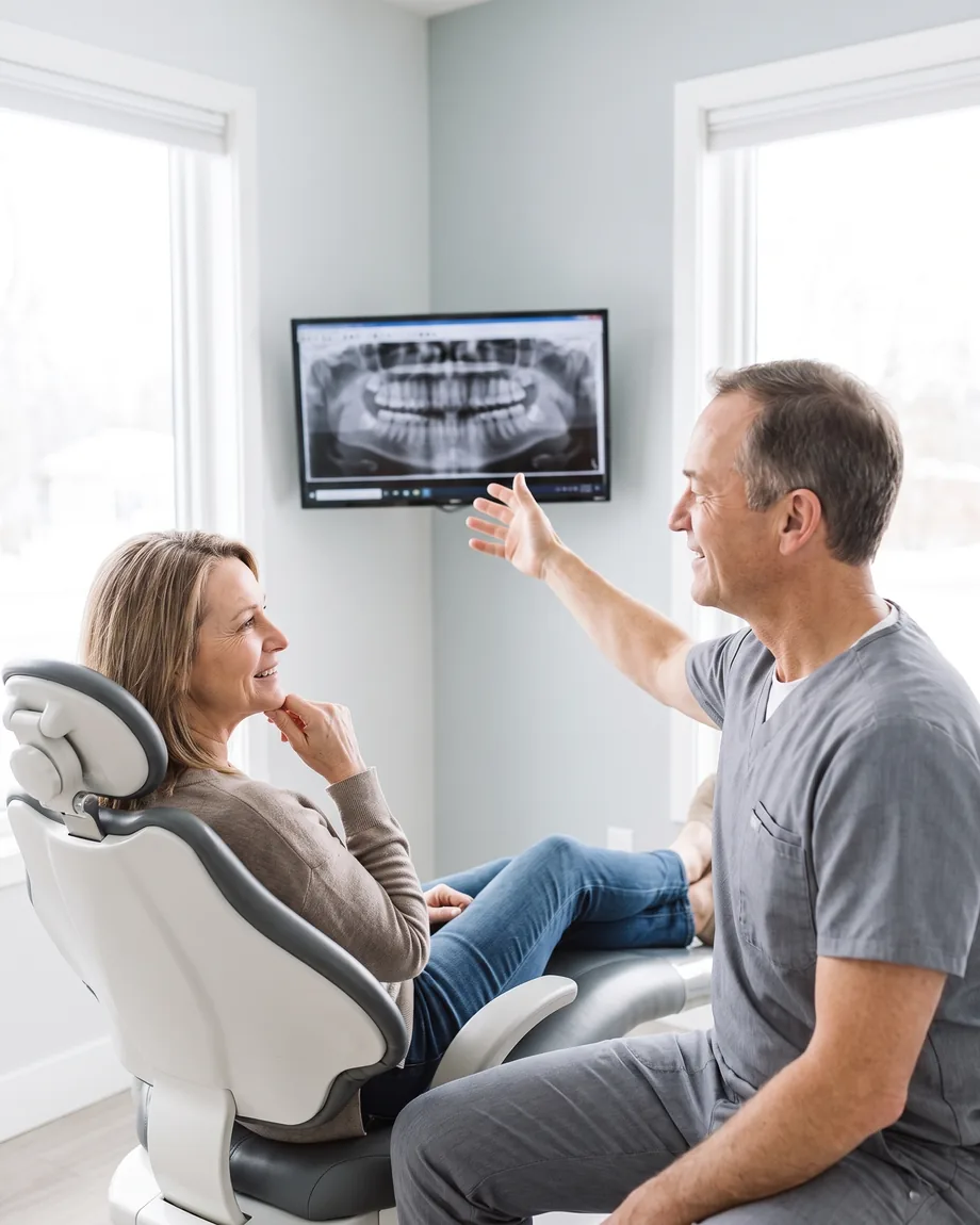 Digital X-Rays & Imaging in Dundee, MI. A dentist showing a patient her own x-ray on a screen beside the chair.
