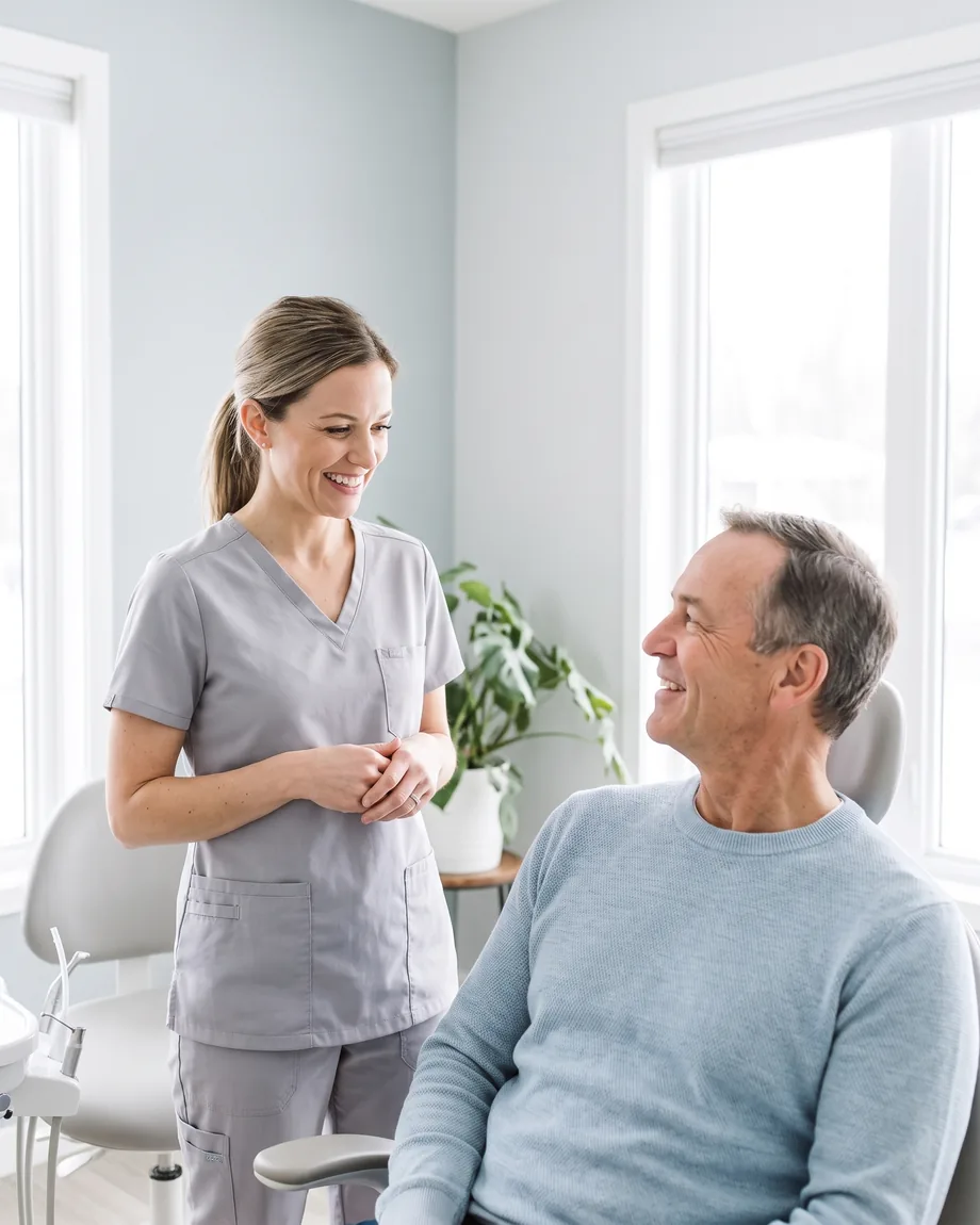 Dental Exams & Cleanings in Dundee, MI. A dental hygienist talking with a relaxed patient in a bright treatment room.