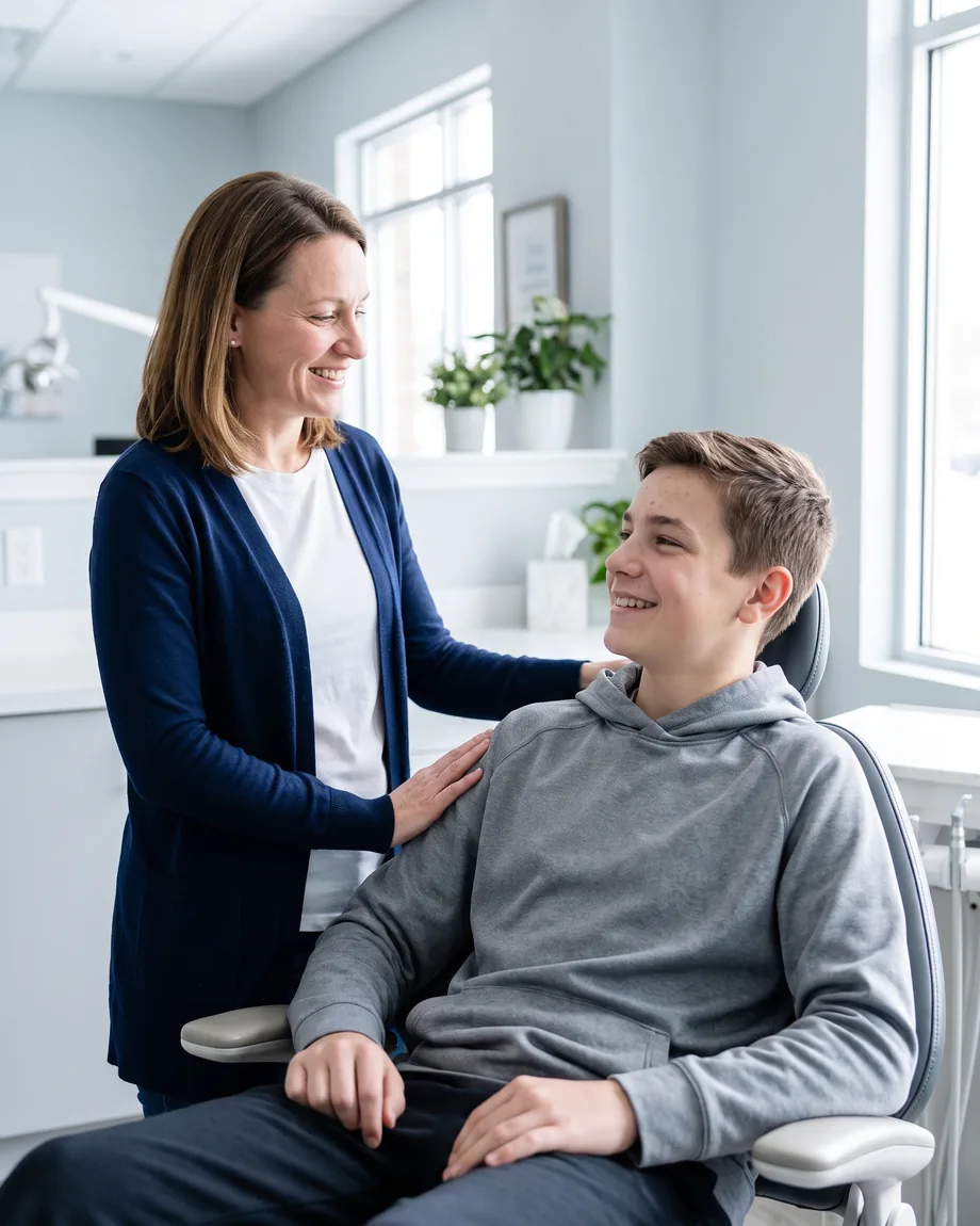 Night Guards & Sports Guards in Dundee, MI. A teenage patient and his mother talking after an appointment.