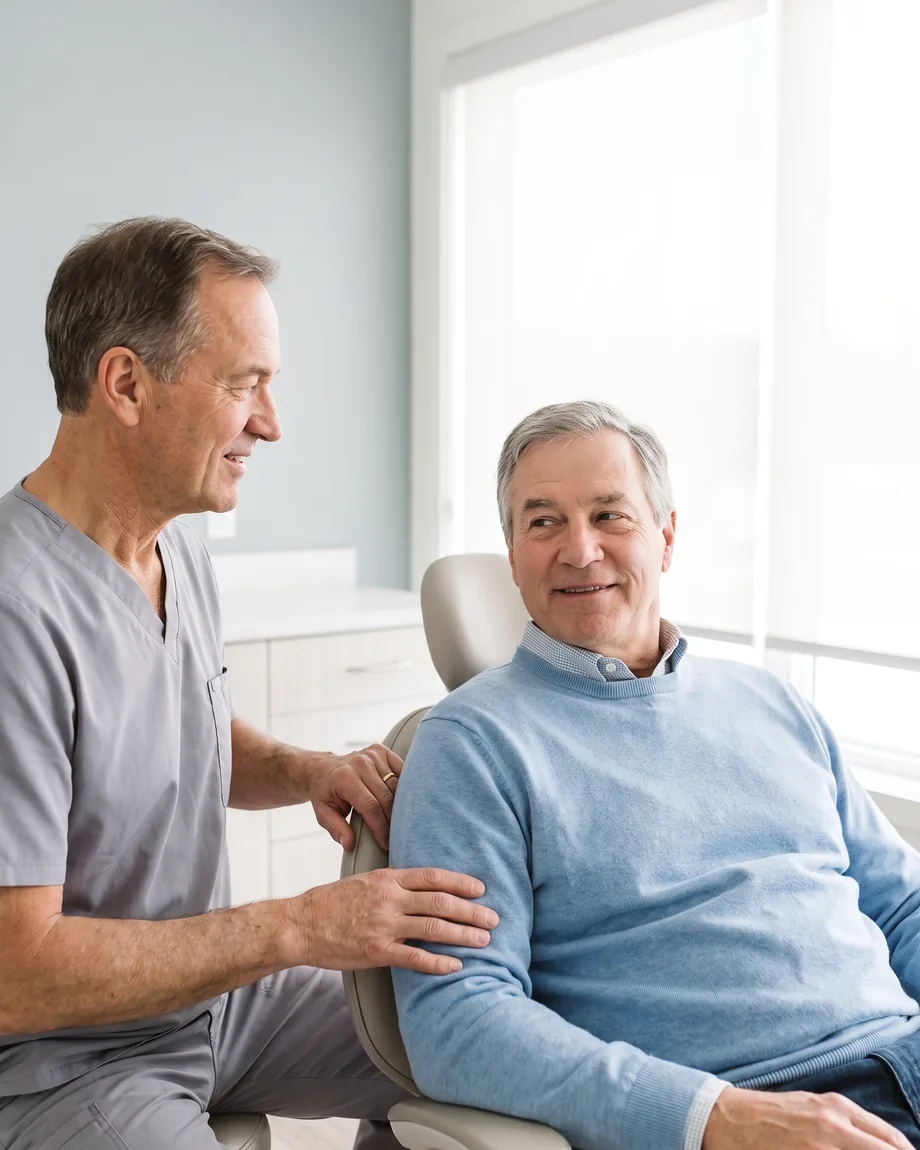 Root Canal Treatment in Dundee, MI. A dentist calmly explaining treatment to a reassured patient.