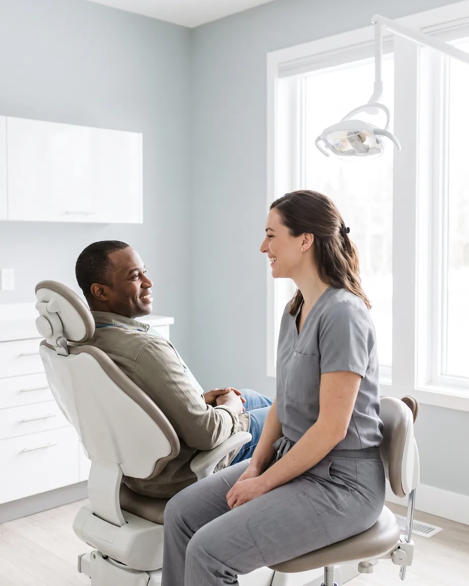 Tooth-Colored Fillings in Dundee, MI. A dentist talking with a patient sitting comfortably in the chair.