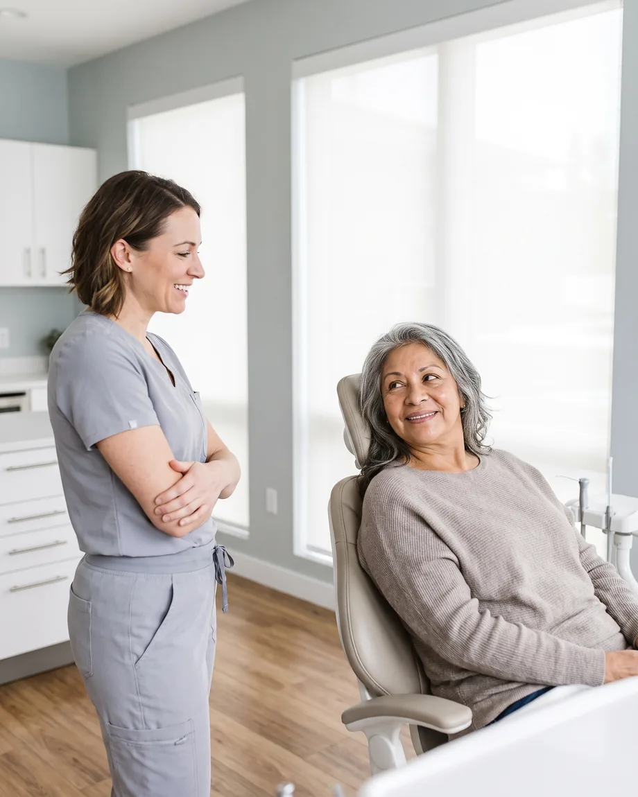 Tooth Extractions in Dundee, MI. A relaxed patient talking with a dental assistant after her appointment.